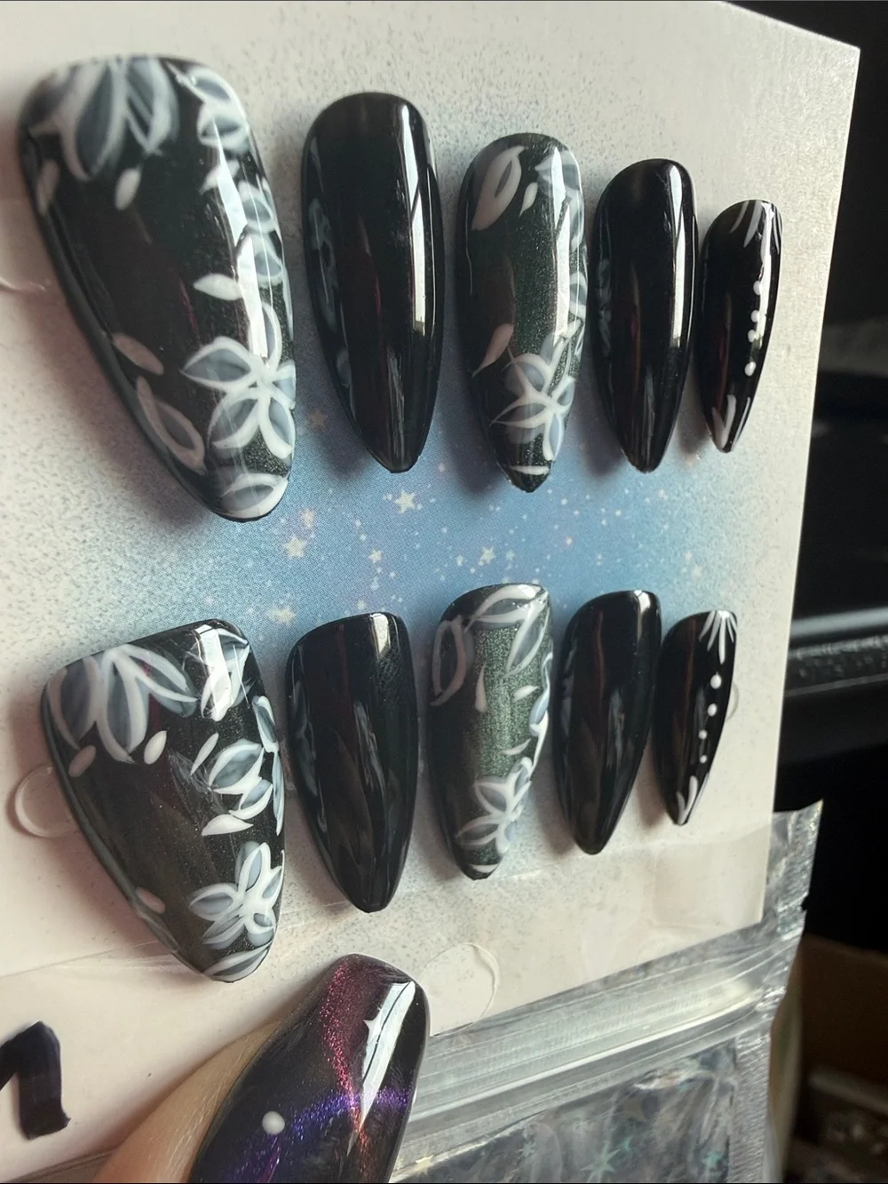 Black Stiletto Press-On Nails with White Floral Design